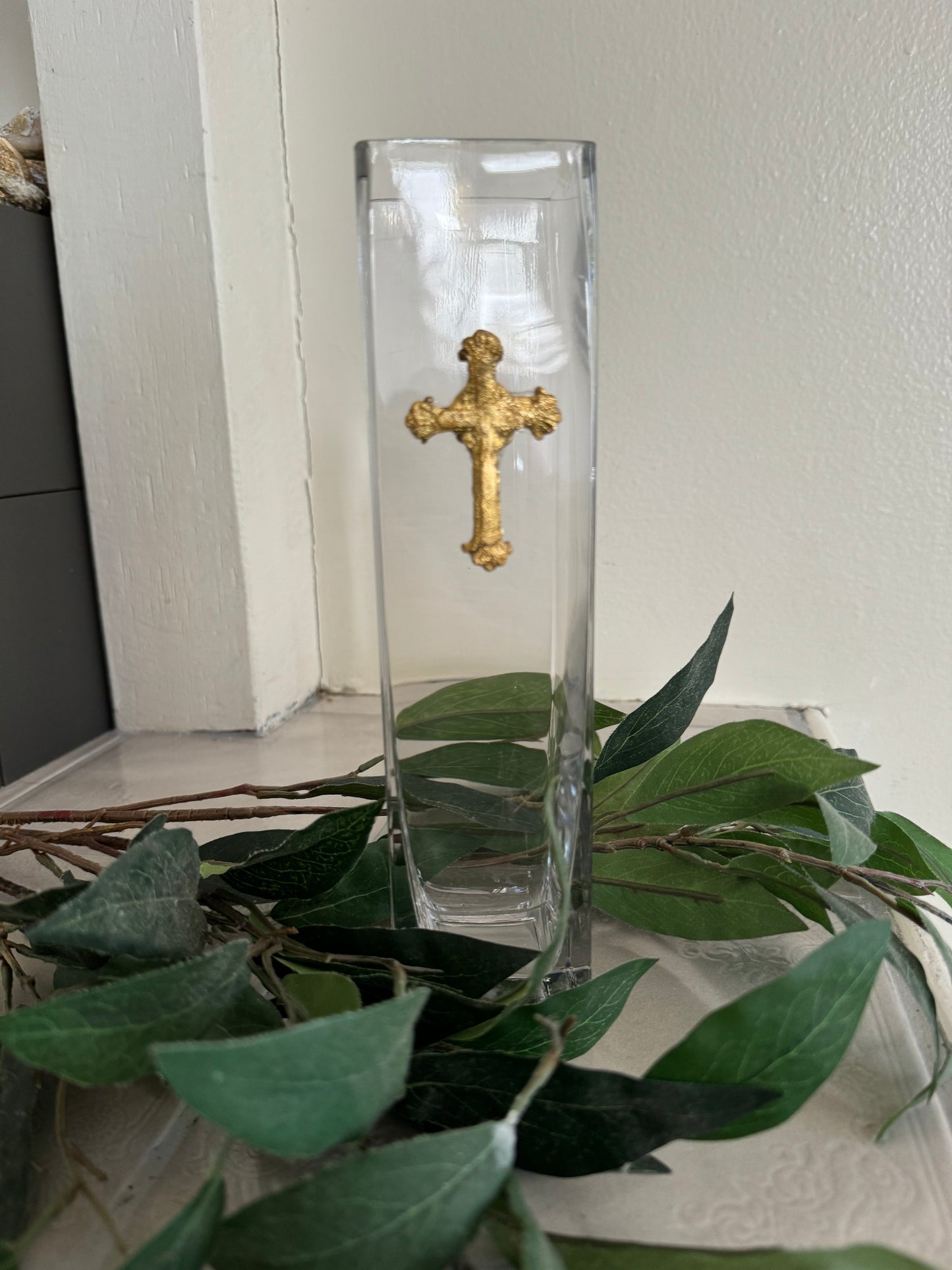 Gold Leaf Religious Cross Vase