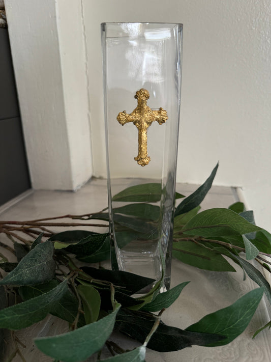 Gold Leaf Religious Cross Vase